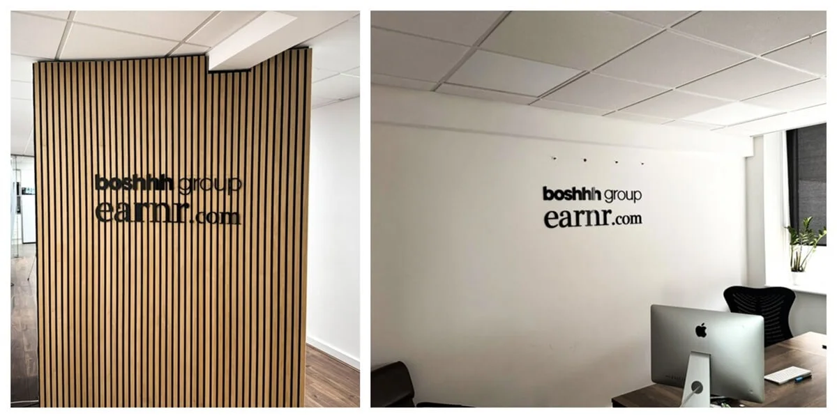 A collage of the Boshhh interior signage on a vertical wood accent wall and a white meeting room wall.